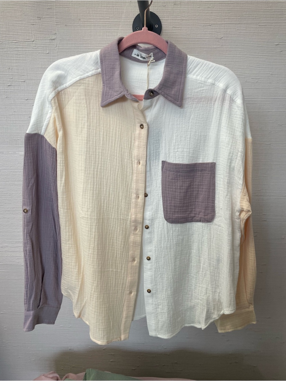 Colorblock Button-Down Shirt in Cream & Lavender - Unknown Brand